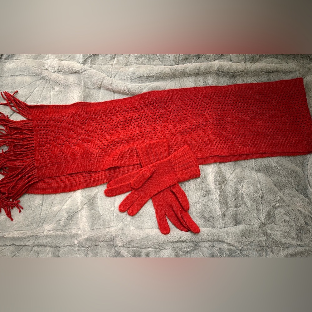 Super soft red scarf and glove set for women